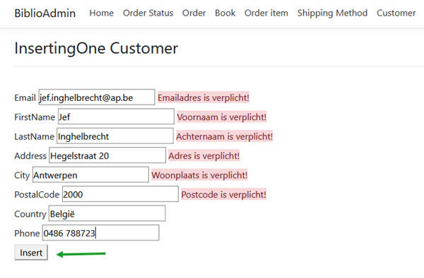 InsertingOne Customer invoerformulier